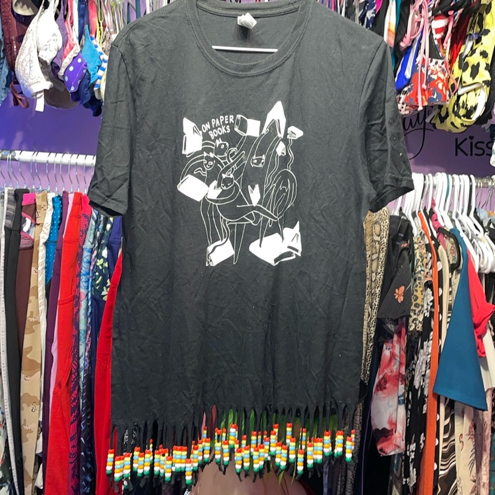 Fancy custom black shirt with Rasta Color beads in bottom and fancy cat on front